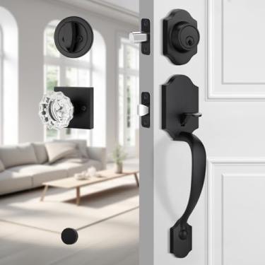 Imagem de EHOMEWARE Conjunto de maçaneta da porta frontal e fechadura, conjunto de fechadura externa preto fosco, fechadura frontal com fechadura única, maçaneta de porta de entrada de cristal resistente, serve