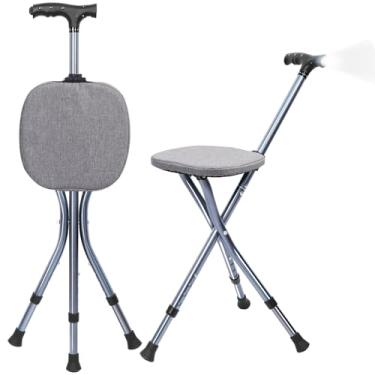 Imagem de Bengala dobrável com assento, bengala ajustável para idosos, bengala de caminhada leve com luz LED, assento de bengala de ajuste de altura, cadeira, banco de muletas resistentes, suporta até 113 kg