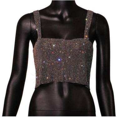 Imagem de B0403-Blusa Top Cropped Strass Pedraria Brilho Prateado Dourado Preto 