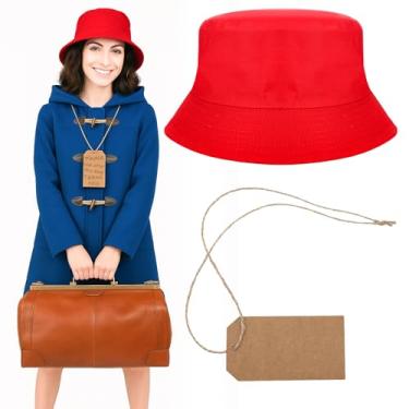 Imagem de Mepase 3 peças de acessórios para fantasia de cosplay de Halloween, chapéu balde vermelho e etiqueta de papel kraft com corda de cânhamo para lembrancinha de festa de cosplay de Halloween