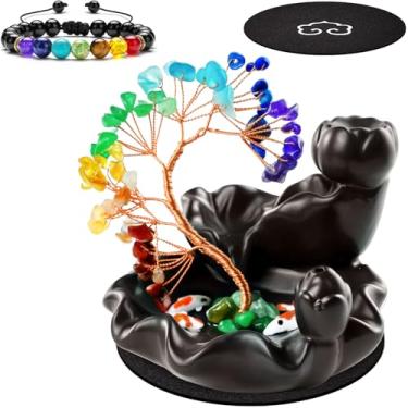 Imagem de Queimador de incenso de cerâmica com refluxo, suporte de incenso de refluxo, 7 chakras, pedra preciosa, árvore de cristal, namastê, chacra, pulseira, almofada FengShui (marrom escuro)