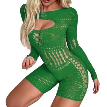 Imagem de L04BABY Macacões de arrastão para mulheres, macacões sensuais, malha de manga comprida, bodystockings, lingerie de renda para mulheres, fantasias sexy (verde-escuro, tamanho único)