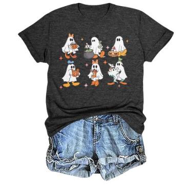 Imagem de Camiseta feminina KIDDAD Halloween Pumpkin Ghost de algodão S-XXL