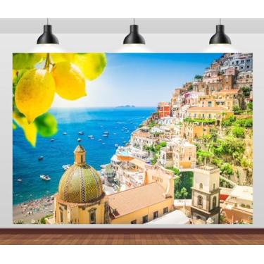 Imagem de Loccor Tecido de 2,1 x 1,5 m Itália Positano Town pano de fundo italiano resort com limões vista de verão fundo oceano azul tema italiano decorações de festa adereços de sessão de fotos