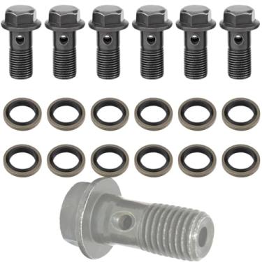 Imagem de Parafuso Banjo M10 x 1,25 6 peças, adaptador de encaixe de freio de parafuso banjo único de 22 mm com 12 arruelas de cobre, parafuso adaptador de encaixe de freio, mangueira hidráulica de freio para
