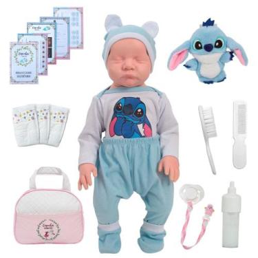 Imagem de Boneca Reborn Lívia Enxoval Stitch Completo Bolsa Pelúcia - Cegonha Re