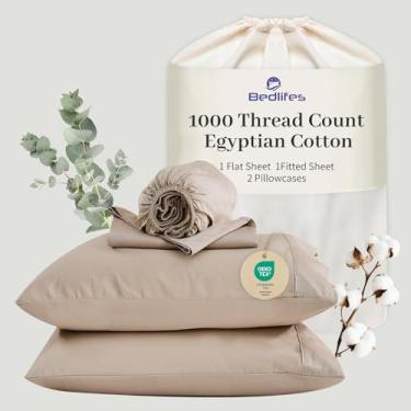 Imagem de Bedlifes Lençóis de algodão egípcio 1000 fios California King Size, 4 peças de bolso profundo de 40,6 cm - Roupa de cama ultramacia refrescante e respirável para conforto do hotel (linho)