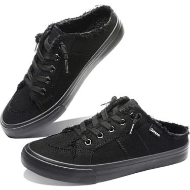 Imagem de Obtaom Tênis feminino de lona mules viscoelástico moderno confortável sem cadarço sem costas nuas, Pele sintética preta/preta, 37