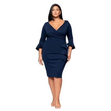 Imagem de Betsy & Adam Vestido feminino de crepe com babados manga 3/4 sobrepeliz franzido na altura do joelho (Plus), Azul marino, 48