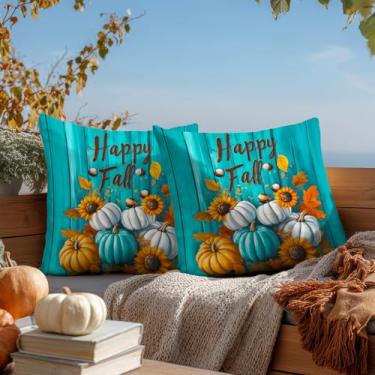 Imagem de HOMETITUTE Conjunto de 2 capas de travesseiro de outono 45,7 x 45,7 cm Happy Fall Abóbora Girassol Azul Madeira Fundo de Ação de Graças Capas de almofada de fazenda para decoração de sofá-cama