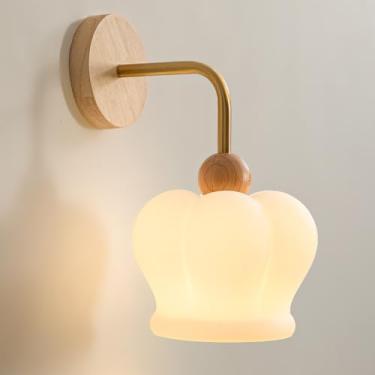 Imagem de Arandela em formato de coroa Luminária de parede nórdica de madeira Luminária de parede moderna em creme com cúpula de vidro branco, arandela retrô de madeira maciça Luminária de decoração d