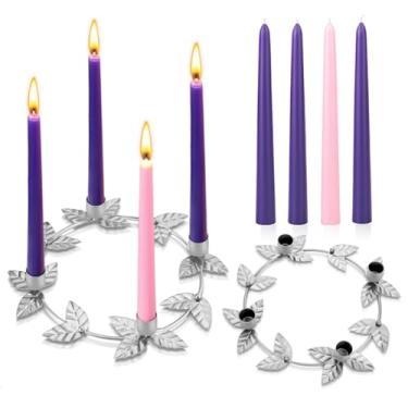 Imagem de Threehoney Anel de guirlanda do advento conjunto de velas afuniladas suporte de advento de metal de Natal decoração de mesa para festival de Natal, decoração de peça central, 3 roxos e 1 rosa (prata)