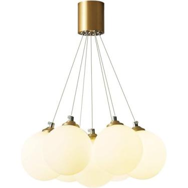 Imagem de Lustre moderno, lustre de vidro, globo, luminária pendente de latão, 7 luzes, fosco, bola branca, vidro leitoso, teto, luminária suspensa para quarto, sala de jantar, cozinha, 7 luzes, luz q