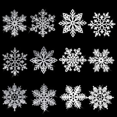 Imagem de Sratte Enfeites grandes de flocos de neve com glitter, 30,5 cm, decoração gigante de inverno, Natal, enfeites de flocos de neve grandes para ambientes internos e externos (branco, prata, 24 peças)