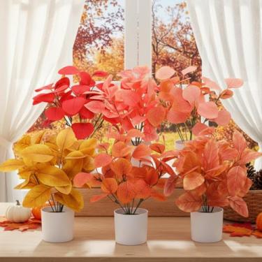 Imagem de Chuangdi 6 peças de flores artificiais de outono em vaso de 29 cm de plantas falsas de outono em vasos para decoração de mesa para casa, escritório, cozinha, quarto, colheita (Eucalipto)