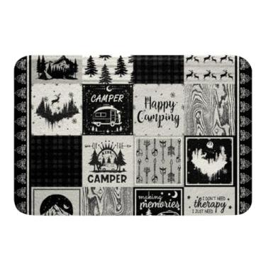 Imagem de Erosebridal Conjunto de tapete de banheiro infantil Happy Camping, tapete de banheiro para trailer, acessórios de trailer, preto buffalo, xadrez, patchwork, decoração de quarto, tapete de porta