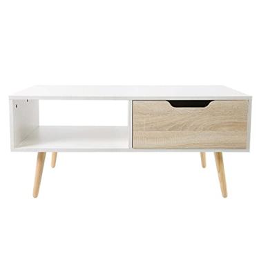 Imagem de Mesa de centro moderna retrô de 99 cm de madeira com 1 gaveta e prateleira de armazenamento aberta para sala de estar, mesa de coquetel, mesa de TV, mesa de escritório