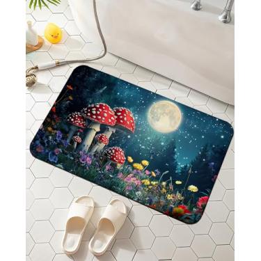 Imagem de Groovy Tapete de banho de cogumelo, tapete de banheiro com céu noturno e lua, tapete absorvente para banheiro, banheira, quarto, sala de estar, 43 x 73 cm
