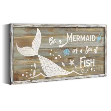 Imagem de Arte de parede de madeira cauda de sereia: pintura costeira emoldurada rústica decoração de madeira arte de praia vintage impressão de imagem de estrela do mar para banheiro quarto