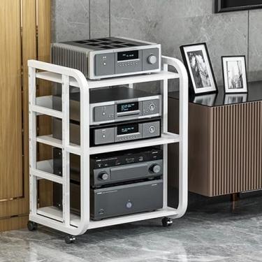 Imagem de Prateleira de canto com suporte de mídia AV, torre de som estéreo, rack de armazenamento aberto perfeito para leitores de DVD, prateleiras de armazenamento de piso com prateleiras de placa de madeira