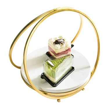 Imagem de Suporte de bolo de mármore redondo de sobremesa com alça de metal dourado bandeja criativa de sobremesa moderna para cozinha, exibição de frutas ()