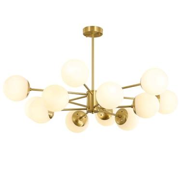 Imagem de YQSLQZZ Lustres dourados modernos de 12 luzes, luminária Sputnik de meados do século com sombra de globo de vidro para sala de estar quarto luz pendente luz de teto, base E27