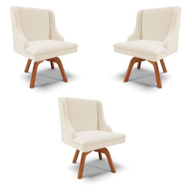 Imagem de Kit 3 Cadeiras Decorativas Sala de Jantar Base Giratória de Madeira Firenze Linho Bege/Natural G19 - Gran Belo