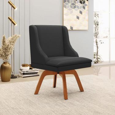 Imagem de Cadeira Decorativa Sala de Jantar Base Giratória de Madeira Firenze PU Preto Fosco/Natural G19 - Gran Belo
