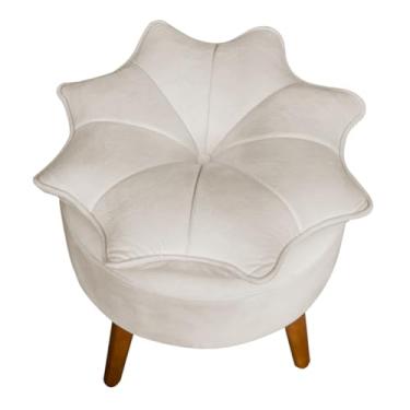 Imagem de Puff Banqueta Decorativa Flor/Pétala Veludo com Pés Palito de Madeira – Estofado Redondo Design Floral (Bege, Flor/Petala)