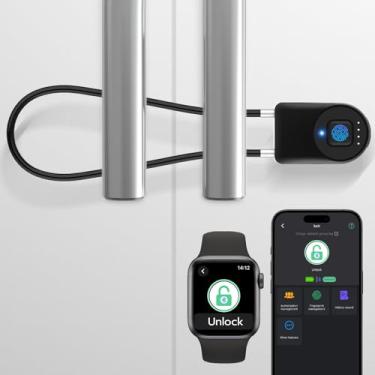 Imagem de eLinkSmart Cadeado de bloqueio de armário de geladeira com impressão digital para geladeira de porta francesa, à prova d'água, 1000 usuários de aplicativos, trava de cabo de aço de 6 polegadas para