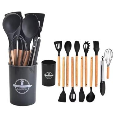 Imagem de Conjunto de Utensílios de Cozinha 12 Peças Silicone Cabo de Madeira Balde Decorativo Resistente a Alta Temperatura 40°C à 230°C Kit Culinário Completo Prático Para Dia a dia Antiaderente (Preto)