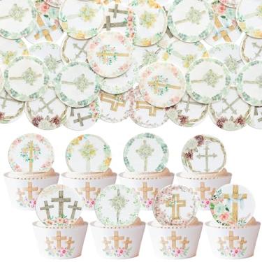 Imagem de Gyufise 48Pcs Edible Floral Happy Easter Cupcake Toppers Wafer Paper God Bless Cupcake Picks Edible Easter Bunny Cupcake Decors for Baby Shower Birthday Party Supplies