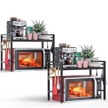 Imagem de NETEL 2 peças de suporte expansível para micro-ondas, prateleiras organizadoras de bancada de cozinha de metal de 2 camadas com 8 ganchos, rack de padeiro, prateleira de micro-ondas, rack de forno de