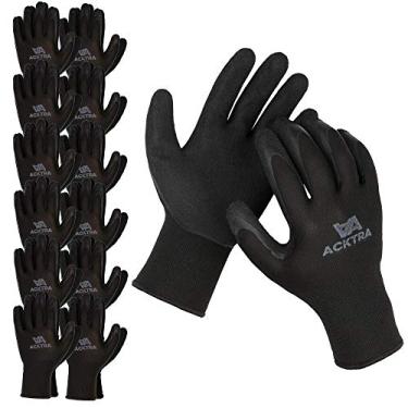 Imagem de ACKTRA Luvas de trabalho de segurança de nylon revestidas premium, 12 pares, punho de malha, para jardinagem e uso geral, para homens e mulheres, WG009 poliéster preto, látex preto, grande