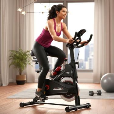 Imagem de Bicicleta Ergométrica Spinning Fitness Cardio Musculação 7kg Inercia, flywheel silencioso, resistência ajustável, assento e guidão reguláveis, ideal para treinos em casa, Preto/Vermelho