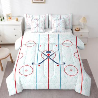 Imagem de Erosebridal Jogo de cama casal de hóquei no gelo, 7 peças, pista de hóquei no gelo, para crianças, meninos, jovens, estádio, esportes de inverno, jogo de lençol com edredom moderno e elegante