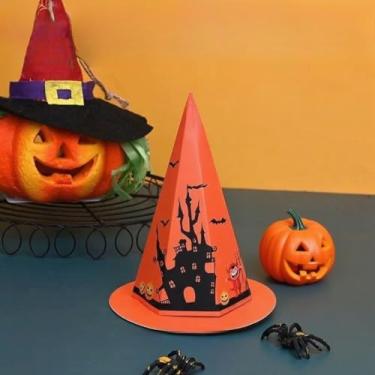 Imagem de 3 peças caixa de papel doce em forma de chapéu de desenho animado caixas de presente destacáveis decoração de festa de Halloween laranja 15,5 x 12 cm
