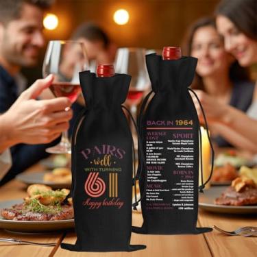 Imagem de Presentes de aniversário de 61 anos para mulheres e homens, sacola de vinho, feliz aniversário, decorações de festa de aniversário de 61 anos para ela, ele nasceu em 1964, sacos de vinho - preto