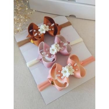 Imagem de Tiara infantil na meia de seda com Flores, pérolas e strass. Kit de 3 Peças, Marron, Rosa e salmão