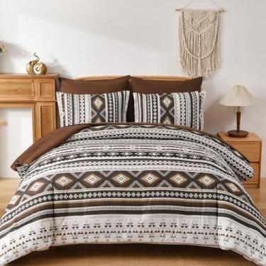 Imagem de Dinjoy Conjunto de edredom Boho King Size em uma bolsa, 7 peças, marrom escuro/café, listrado, asteca, outono, boêmio, geométrico, ocidental, marrom-acastanhado, para mulheres e homens, 224 x 264 cm