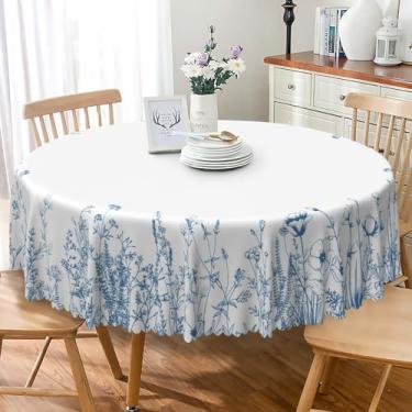 Imagem de TTQYFNM Toalha de mesa redonda floral branca azul 178 cm rústica flores silvestres primavera verão tecido impermeável capa de mesa para cozinha, sala de jantar, piquenique, acampamento, buffet