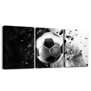 Imagem de Feelyou Arte de parede em tela de futebol 3D 30,5 x 40,6 cm x 3 peças para sala de estar quarto futebol esporte imagem decoração de parede para banheiro preto prata crianças meninos meninas arte