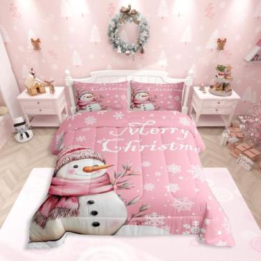 Imagem de Feelyou Conjunto de edredom infantil de Natal rosa, tamanho casal, boneco de neve kawaii, floco de neve, para decoração de quarto de crianças, meninos, meninas, microfibra, ultramacia, respirável