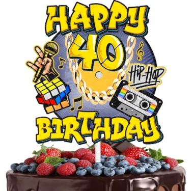 Imagem de Topo de bolo hip hop masculino e feminino 40º aniversário feliz retrô 70s 80s 90s decorações, festa de aniversário, festa de aniversário, fita cassete de festa de rock, suprimentos de decoração de
