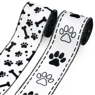 Imagem de LANGFON 2 rolos de fitas de impressão de pata de cachorro preto e branco com estampa de pata de cachorro para embrulhar presente de 10 metros, fita de osso fofa para amantes de cães de estimação