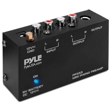 Imagem de Pyle Pré-Amplificador Mini Phono Giratável Estéreo, Compartimento de Bateria 9V, Adaptador de Energia DC 12V Separado, Compatível com Gira-Discos, Preto/Branco