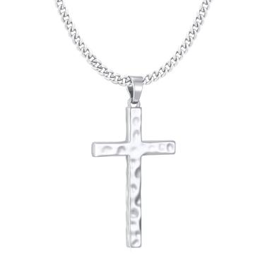 Imagem de VULETO Colar de cruz para homens e meninos - Pingente de cruz martelada com corrente cubana exclusivo crucifixo colares de Natal joias religiosas cristãs presentes 55 + 5 centímetros, Cobre, Sem Pedra