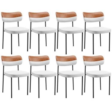 Imagem de Kit 08 Cadeiras Decorativa Para Sala De Jantar Melina L02 Faixa Couríssimo Camel Facto Branco - Lyam Decor