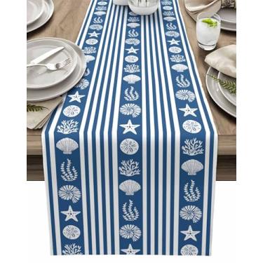 Imagem de Caminho de mesa coral, concha de estrela-do-mar, oceano náutico, corredores de mesa de linho de 177 cm de comprimento, listras brancas em cômoda azul marinho cachecol para cozinha, café, jantar, sofá