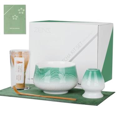 Imagem de ZENS Conjunto de batedor Matcha, conjunto de matcha de cerâmica inclui tigela Matcha, batedor e suporte matcha, colher de bambu e toalha de chá - 5 peças kit matcha para cerimônia Matcha, azul